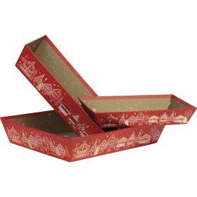 Правоъгълен картонен поднос, "Bonnes Fêtes" топъл печат червено/бяло/златно с коледен мотив, 27x20x5 см, BF443P