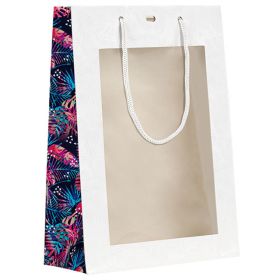 Bag paper white/UV printing/tropical PET window white cord handles eyelet, 20x10x29 cm, SB451S