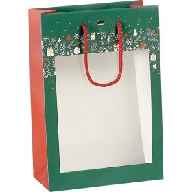 Хартиена торбичка с коледен мотив "Bonnes Fêtes" зелено/червено/златно, PVC "прозорец", 20x10x29 см, SB091S