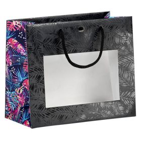 Подаръчна хартиена торбичка, черен/тропичен топъл печат с PVC "прозорец", 20x10x17 см, SB460XS
