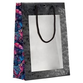 Подаръчна хартиена торбичка, черен/тропичен топъл печат с PVC 