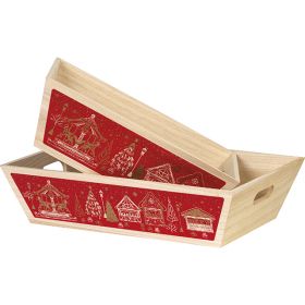 Tray wood rectangular red Bonnes Fêtes chalets handles, 29x19x10 cm, B137P