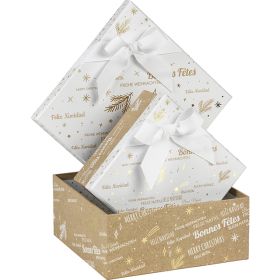 Kартонена квадратна кутия, крафт/бяло/златно с коледен мотив "Bonnes Fêtes", 21x21x9 см, BF429S