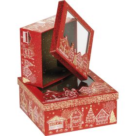 Картонена квадратна кутия, червена с коледен мотив "Bonnes Fêtes " с PET прозорец, 21x21x9 см, BF446S