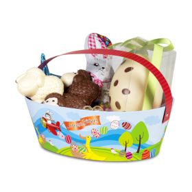 Oval basket with children's print, with retractable handle; Dimensions in cm: 25 x 19 x 8; EN001M