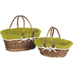 Basket wicker/wood oval brown green fabric/white edge wicker handles, 42x32x18cm, PN076G