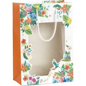 Bag paper orange/flowers PVC window white cord handles eyelet, 20x10x29см, SB281S