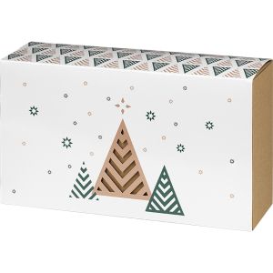Правоъгълна картонена kутия от крафт с гланциран ръкав  Коледно дърво, /зелено/бяло Bonnes Fêtes ,  31.5х18х10см,  GF002P