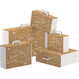 Правоъгълна картонена кутия тип "куфарче" "Bonnes Fêtes" , крафт и бяло, CV037