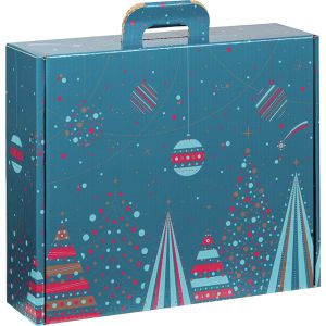 Правоъгълна картонена кутия тип "куфарче" "Bonnes Fêtes" , синьо/червено/златно CV044