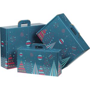 Правоъгълна картонена кутия тип "куфарче" "Bonnes Fêtes" , синьо/червено/златно CV044
