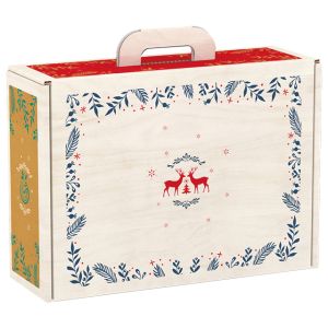 Suitcase Rectangular Cardboard "Bonnes Fêtes" Wood effect/Red/Green/Gold, 