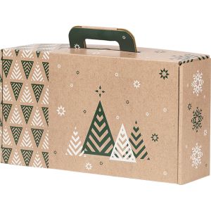 Правоъгълна картонена кутия тип "куфарче" "Bonnes Fêtes" , крафт/зелено/бяло CV045