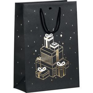 Коледна хартиена торбичка Bonnes Fêtes Коледни подаръци черно/медно, топъл печат, черни дръжки, 20x10x29 см, SB571S