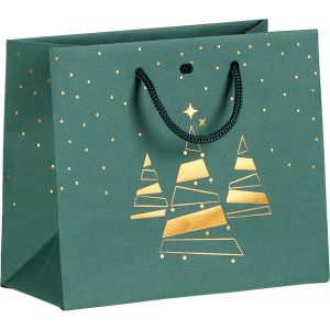 Paper Christmas Bag Christmas Trees, Green/Gold, Green Handles, 35x13x33cm, SB563G