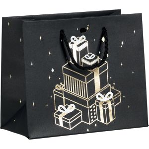 Хартиена коледна торбичка Коледни подаръци, черно/златно, черни дръжки, 35x13x33 см, SB573G