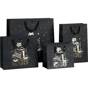 Хартиена коледна торбичка Коледни подаръци, черно/златно, черни дръжки, 35x13x33 см, SB573G