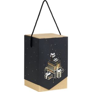 Картонена кутия с черен ръкав и дръжка, черено/златено/крафт, принт  Коледни подаръци, Размери в cm: 16 x 16 x 26, CP170P