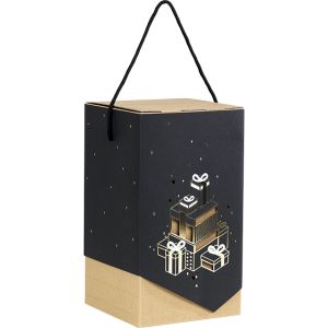 Картонена кутия с черен ръкав и дръжка, черено/златено/крафт, принт  Коледни подаръци, Размери в cm: 18,5x18,5x33, CP170M
