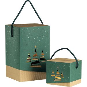 Картонена кутия с черен ръкав и дръжка, черено/златено/крафт, принт  Коледни подаръци, Размери в cm: 16 x 16 x 26, CP160P