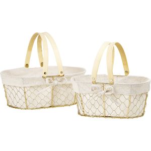 "CHARM AND TERROIR" Metal Oval Basket, Gold, Gold Ecru Fabric, Bamboo Folding Handles, 35x25x13cm, F240M