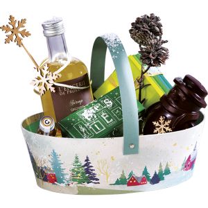 Cardboard Oval Basket, "SNOWY COUNTRY" Hot Stamping, With Retractable Handle, 25x19x8cm, BF482