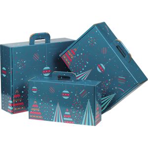 Cardboard rectangular briefcase box, "MERRY CHRISTMAS", blue/red/gold, 38.4x32.5x11.5 cm, CV044G