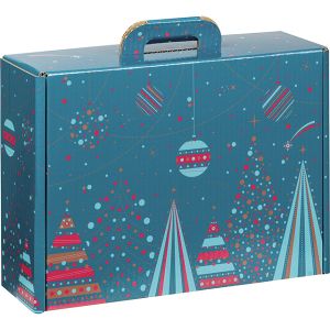 Cardboard rectangular briefcase box, "MERRY CHRISTMAS", blue/red/gold, 34.2x25x11.5 cm, CV044M