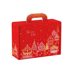 Bonnes Fêtes Cardboard Rectangular Briefcase Box, Red/White/Gold, 34.2x25x11.5cm, CV040M