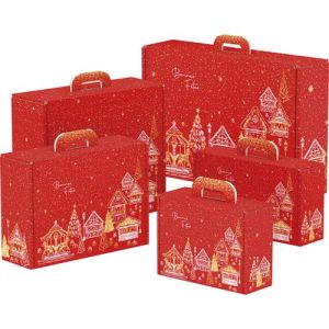 Bonnes Fêtes Cardboard Rectangular Briefcase Box, Red/White/Gold, 34.2x25x11.5cm, CV040M