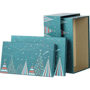 Rectangular cardboard box, "Bonnes Fêtes" warm print blue/red/gold with Christmas motif, 31.5 x 18 x 10 cm, BF460P