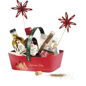 Правоъгълна картонена кошница, CHRISTMAS PRESTIGE червено/златно топъл печат 25.0 x 19.0 x 8.0 cm, BF512 