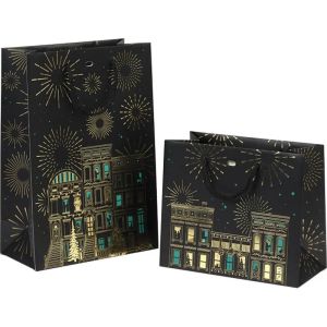 Хартиена торбичка FESTIVE CITY, черно/зелено/златно топъл печат 20.0 x 10.0 x 17.0 cm, SB1050XS