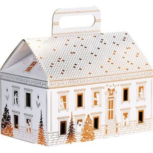 Картонена кутия в форма на къща FESTIVE CITY, бяло/златно 22.5 x 22.5 x 25.0 cm, CP320GBF