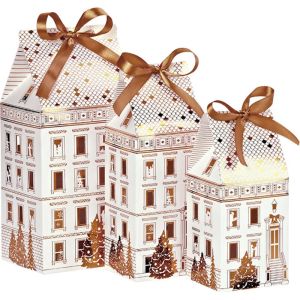 Картонена кутия в форма на къща FESTIVE CITY, бяло/златно 12.0 x 10.0 x 23.5 cm, CP321PBF