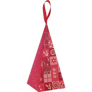 Хартиена пирамидална торбичка "CHRISTMAS MOSAIC" в червено/златно с червена сатенена панделка, 20.0 x 9.0 x 9.0 cm, SB701S    