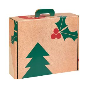 Правоъгълна картонена кутия тип "куфарче" „NATURAL CHRISTMAS“ крафт/червен/зелен 38.4 x 32.5 x 11.5 cm, CV061G